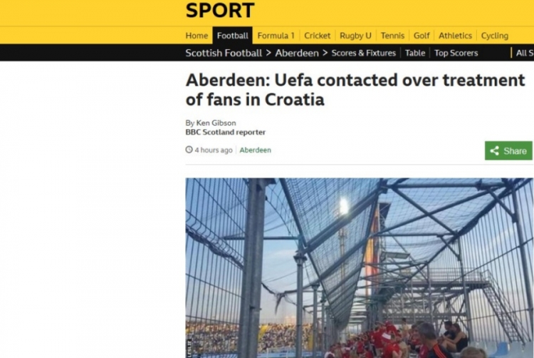 ŠKOTI U KAVEZU Utjecajni BBC objavio da se Aberdeen žalio UEFA-i zbog tretmana škotskih navijača na Rujevici